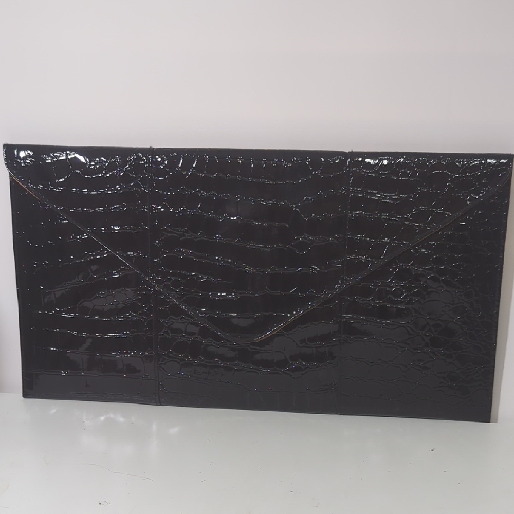 Rachel Zoe black crocodile envelope style clutch with Gold Satin Fabric lining